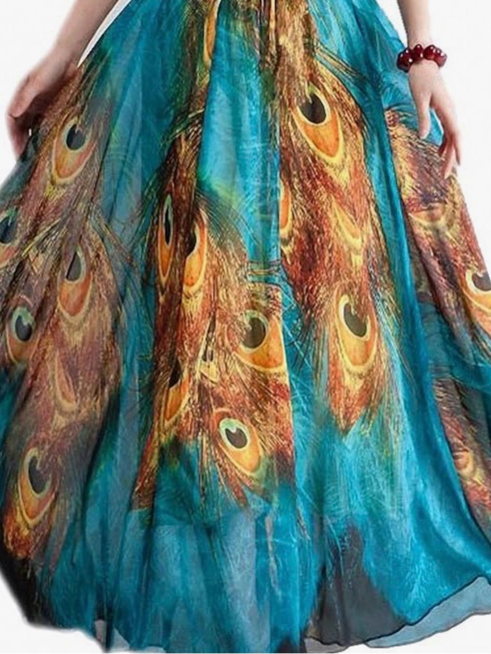A-Line Peacock Print Teal Maxi Skirt